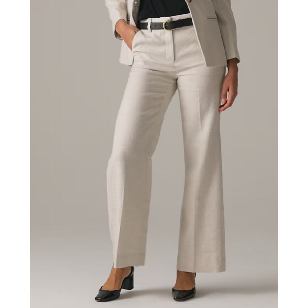 J.Crew Carolina Flared Linen Blend Pants WMNS 10 Flax Mid Rise Stretch Zip Fly